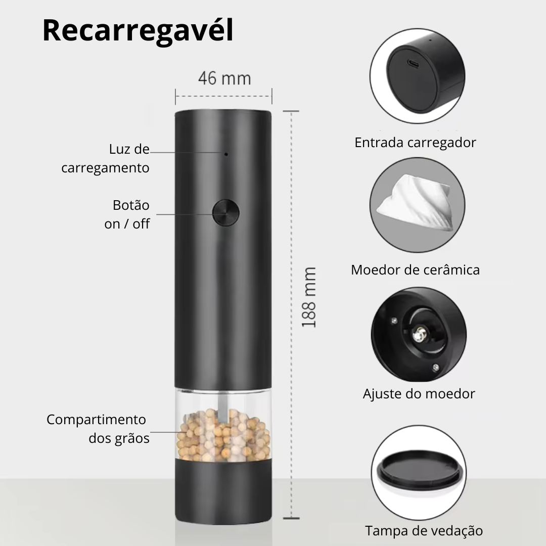 Moedor elétrico de pimenta e sal - Recarregavél